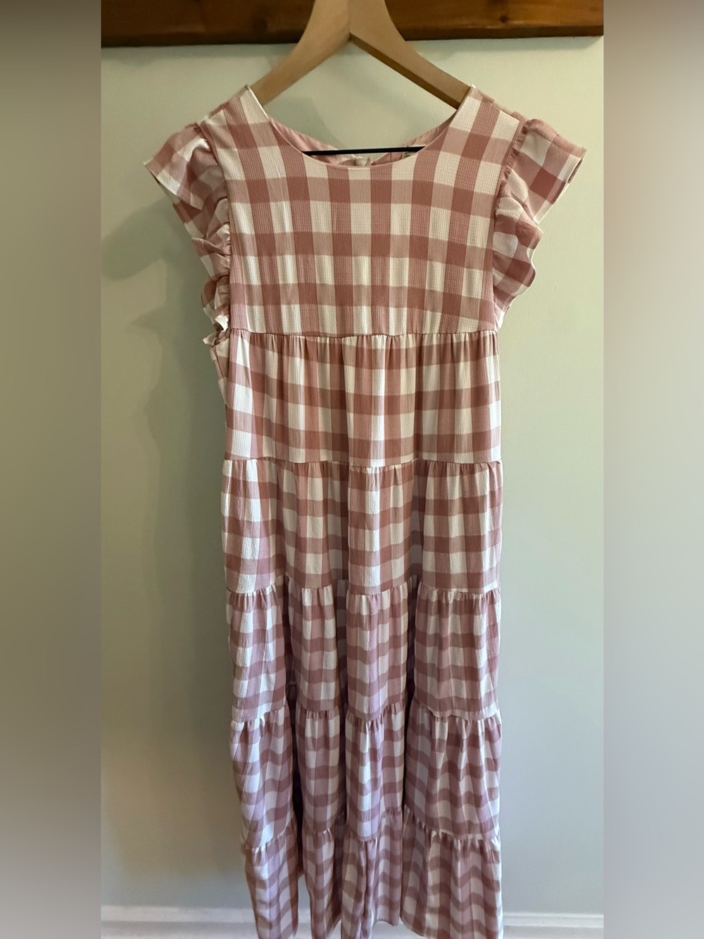 English Factory Pink Gingham Tiered Maxi Dress XS Bow Back Cottagecore